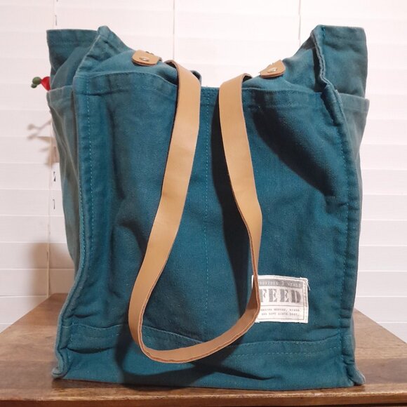 FEED Handbags - FEED Teal Canvas Shoulder Bag with Tan Straps